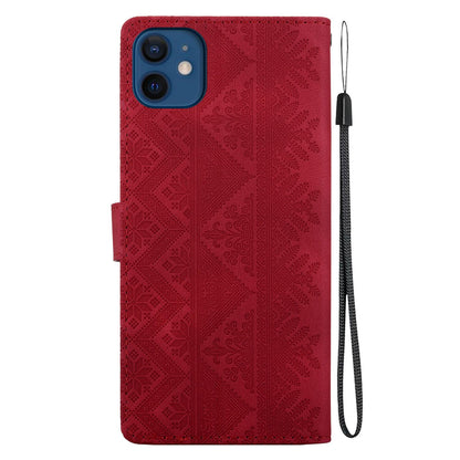 For iPhone 12 mini Ethnic Pattern Embossed Vegan Leather Phone Case - Red - EDA009979024C