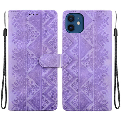 For iPhone 12 mini Ethnic Pattern Embossed Vegan Leather Phone Case - Purple - EDA009979024D