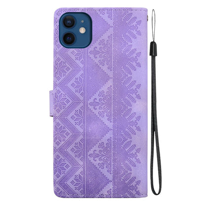 For iPhone 12 mini Ethnic Pattern Embossed Vegan Leather Phone Case - Purple - EDA009979024D