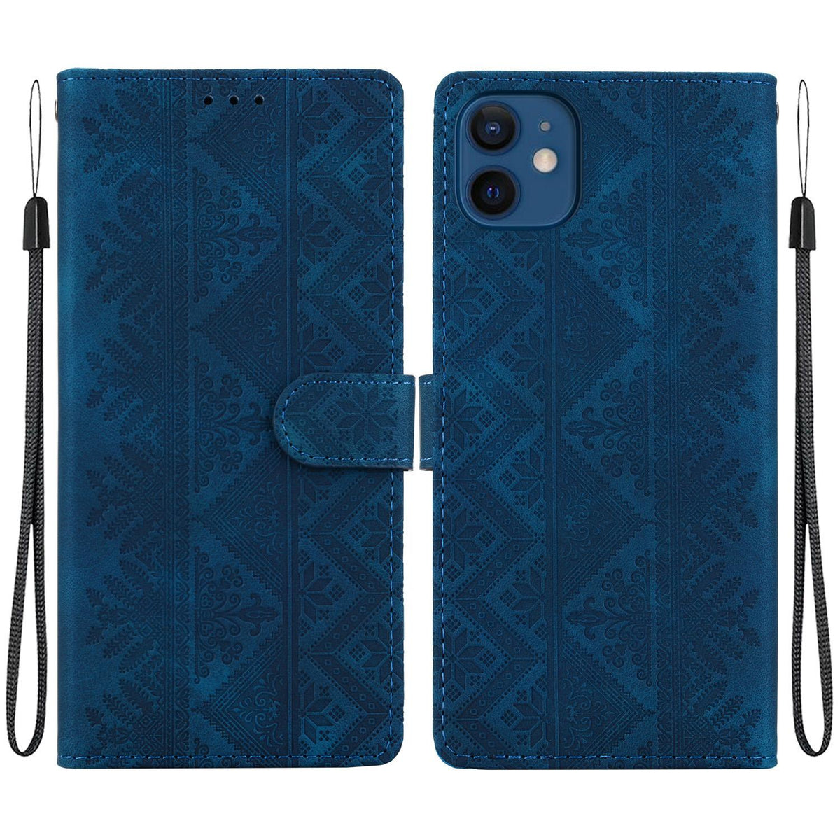 For iPhone 12 mini Ethnic Pattern Embossed Vegan Leather Phone Case - Dark Blue - EDA009979024E