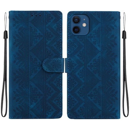 For iPhone 12 mini Ethnic Pattern Embossed Vegan Leather Phone Case - Dark Blue - EDA009979024E