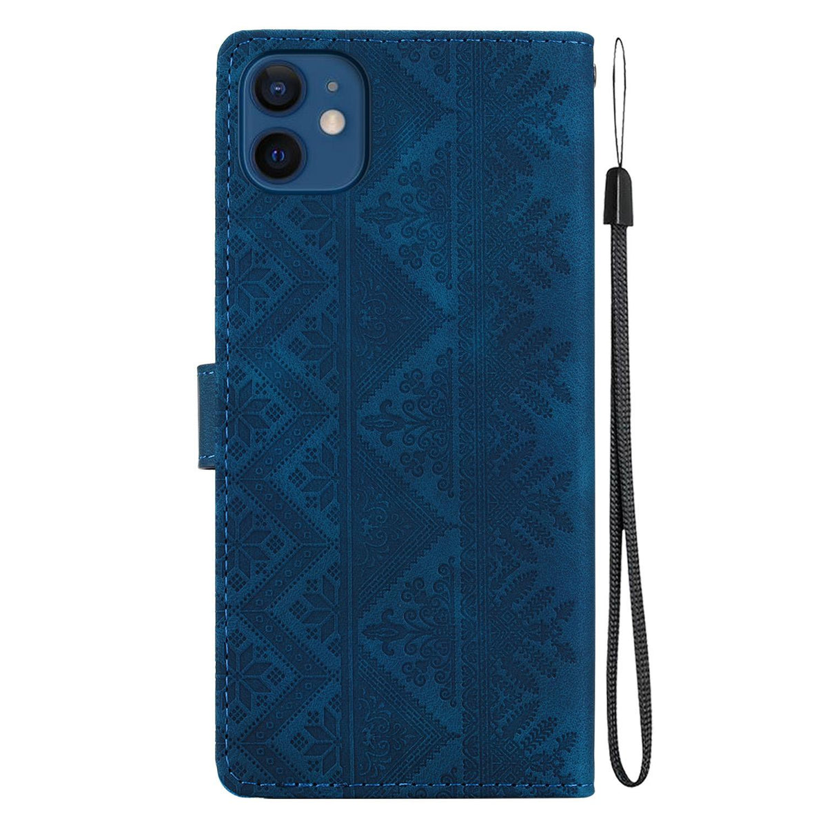 For iPhone 12 mini Ethnic Pattern Embossed Vegan Leather Phone Case - Dark Blue - EDA009979024E