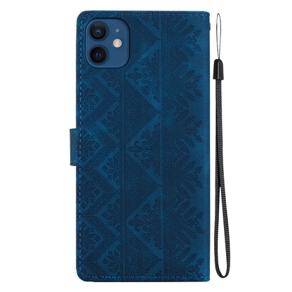 For iPhone 12 mini Ethnic Pattern Embossed Vegan Leather Phone Case - Dark Blue - EDA009979024E