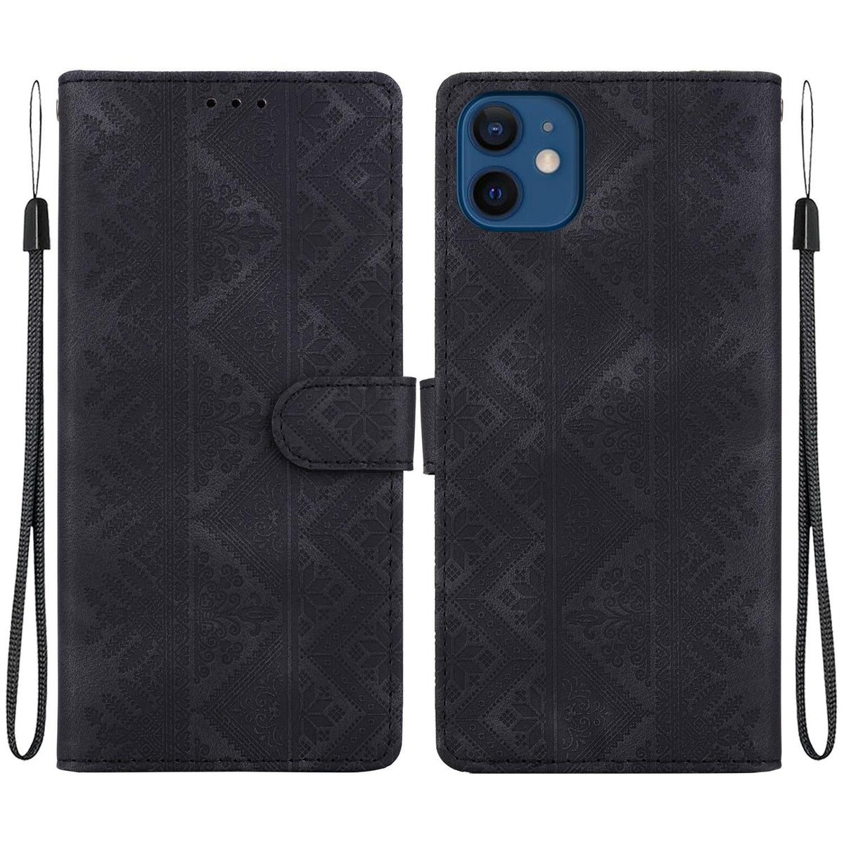 For iPhone 12 mini Ethnic Pattern Embossed Vegan Leather Phone Case - Black - EDA009979024F