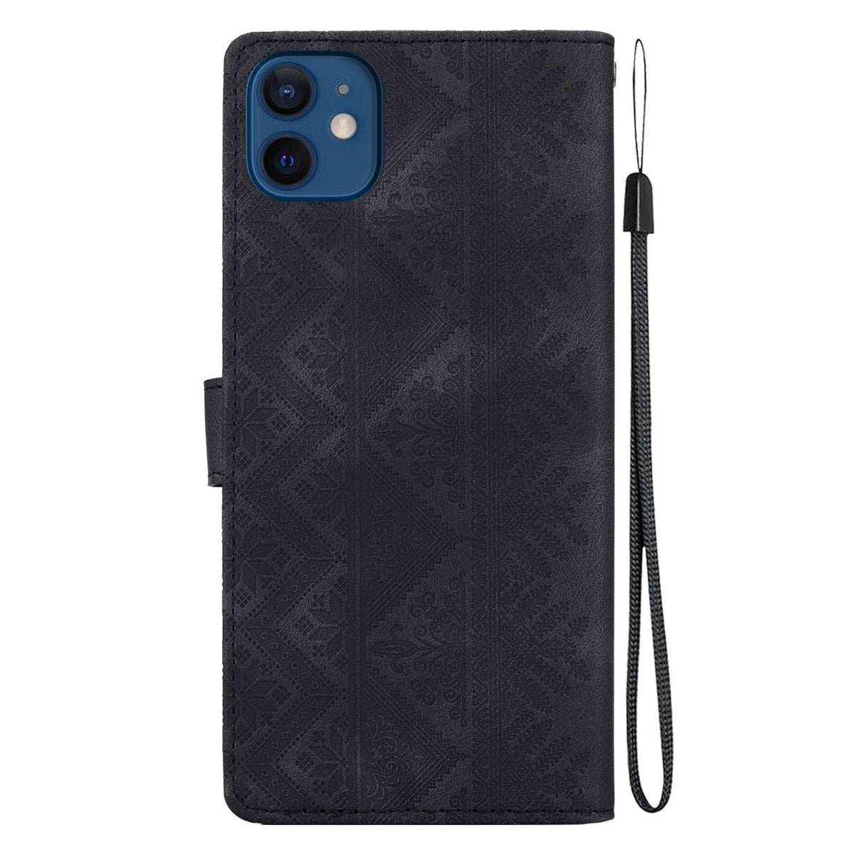 For iPhone 12 mini Ethnic Pattern Embossed Vegan Leather Phone Case - Black - EDA009979024F