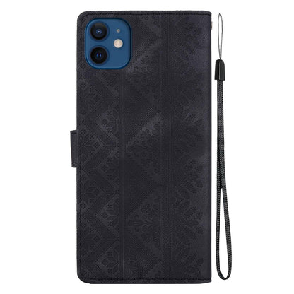 For iPhone 12 mini Ethnic Pattern Embossed Vegan Leather Phone Case - Black - EDA009979024F