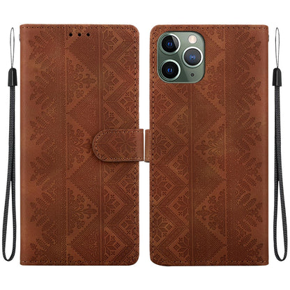 For iPhone 11 Pro Max Ethnic Pattern Embossed Vegan Leather Phone Case - Brown - EDA009979025A
