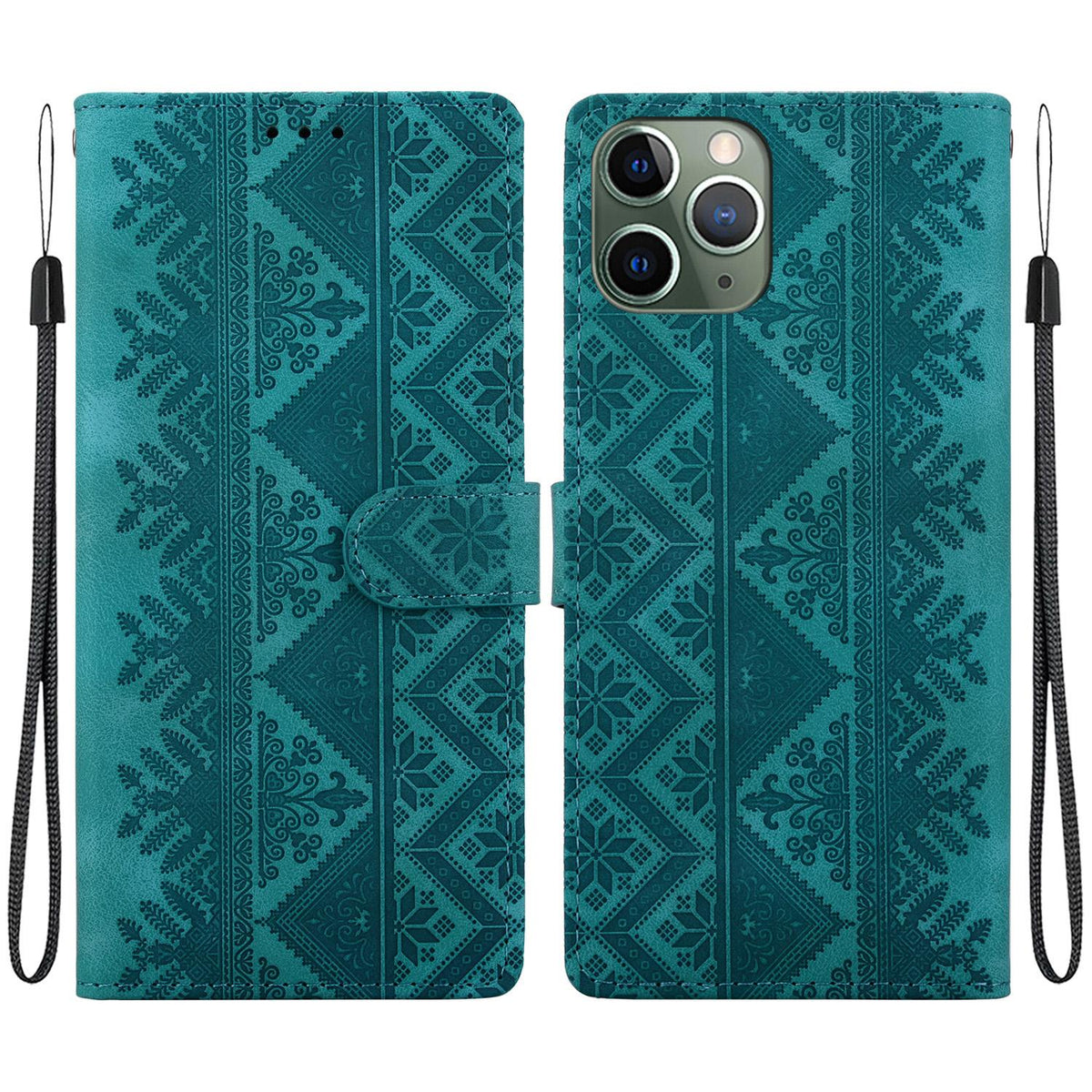 For iPhone 11 Pro Max Ethnic Pattern Embossed Vegan Leather Phone Case - Green - EDA009979025B