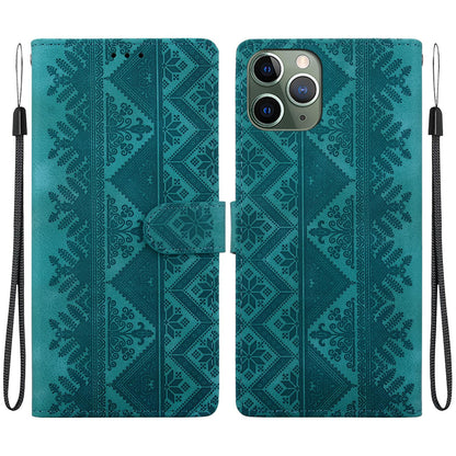For iPhone 11 Pro Max Ethnic Pattern Embossed Vegan Leather Phone Case - Green - EDA009979025B