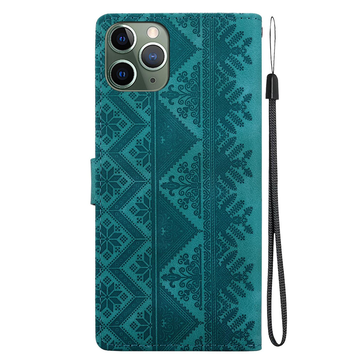 For iPhone 11 Pro Max Ethnic Pattern Embossed Vegan Leather Phone Case - Green - EDA009979025B