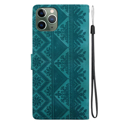 For iPhone 11 Pro Max Ethnic Pattern Embossed Vegan Leather Phone Case - Green - EDA009979025B