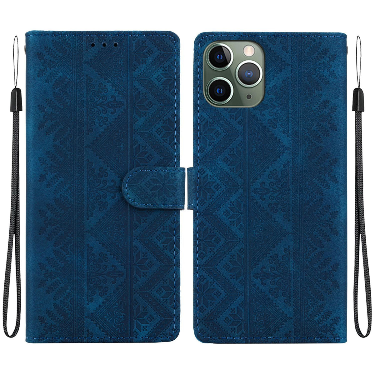 For iPhone 11 Pro Max Ethnic Pattern Embossed Vegan Leather Phone Case - Dark Blue - EDA009979025E