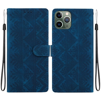 For iPhone 11 Pro Max Ethnic Pattern Embossed Vegan Leather Phone Case - Dark Blue - EDA009979025E