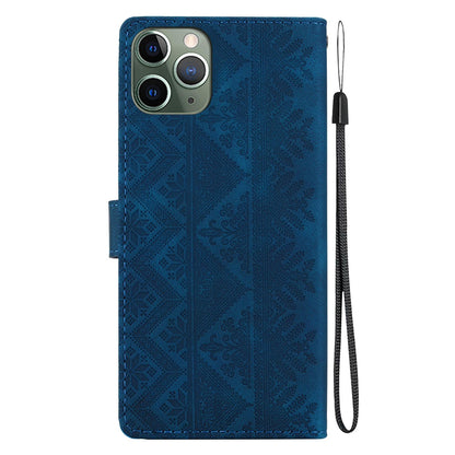 For iPhone 11 Pro Max Ethnic Pattern Embossed Vegan Leather Phone Case - Dark Blue - EDA009979025E