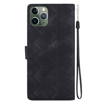 For iPhone 11 Pro Max Ethnic Pattern Embossed Vegan Leather Phone Case - Black - EDA009979025F