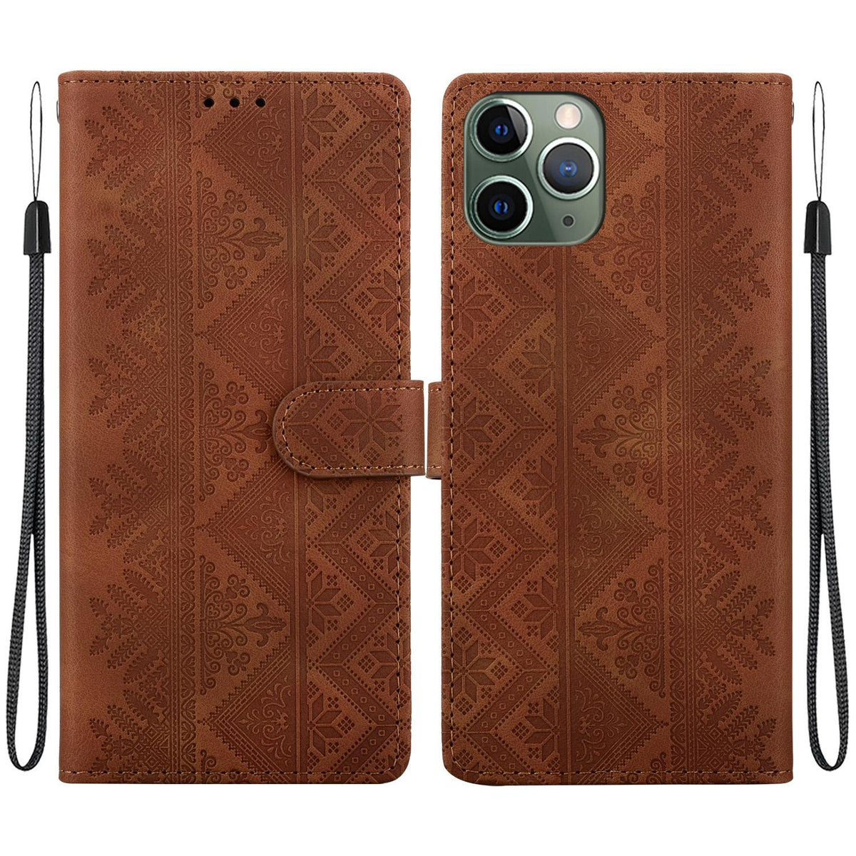 For iPhone 11 Pro Ethnic Pattern Embossed Vegan Leather Phone Case - Brown - EDA009979026A