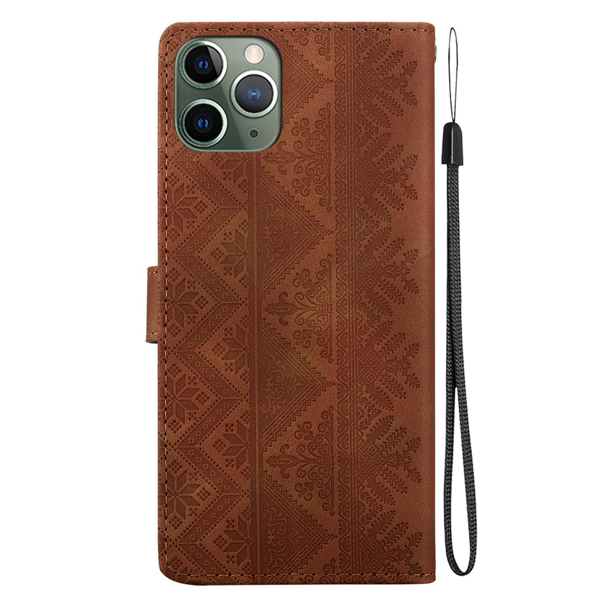 For iPhone 11 Pro Ethnic Pattern Embossed Vegan Leather Phone Case - Brown - EDA009979026A