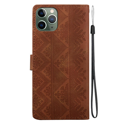 For iPhone 11 Pro Ethnic Pattern Embossed Vegan Leather Phone Case - Brown - EDA009979026A