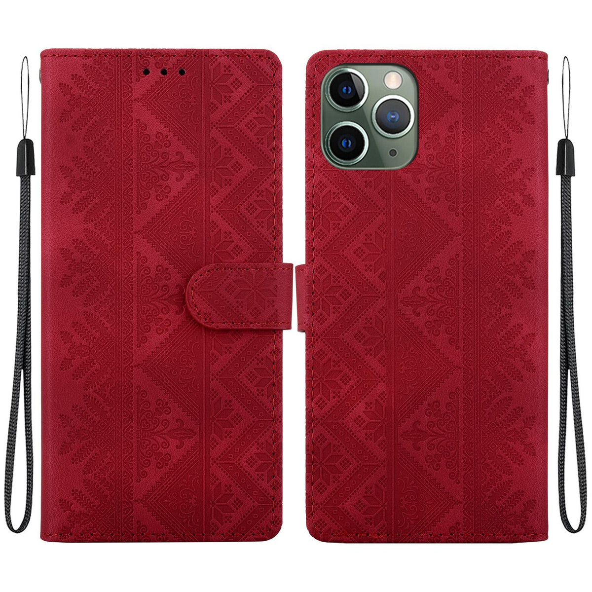 For iPhone 11 Pro Ethnic Pattern Embossed Vegan Leather Phone Case - Red - EDA009979026C