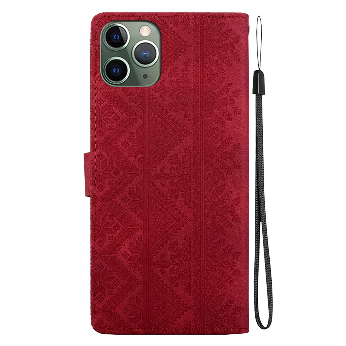 For iPhone 11 Pro Ethnic Pattern Embossed Vegan Leather Phone Case - Red - EDA009979026C