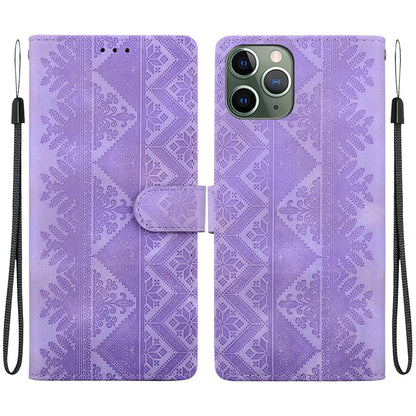 For iPhone 11 Pro Ethnic Pattern Embossed Vegan Leather Phone Case - Purple - EDA009979026D