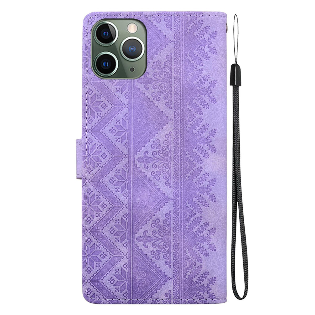 For iPhone 11 Pro Ethnic Pattern Embossed Vegan Leather Phone Case - Purple - EDA009979026D