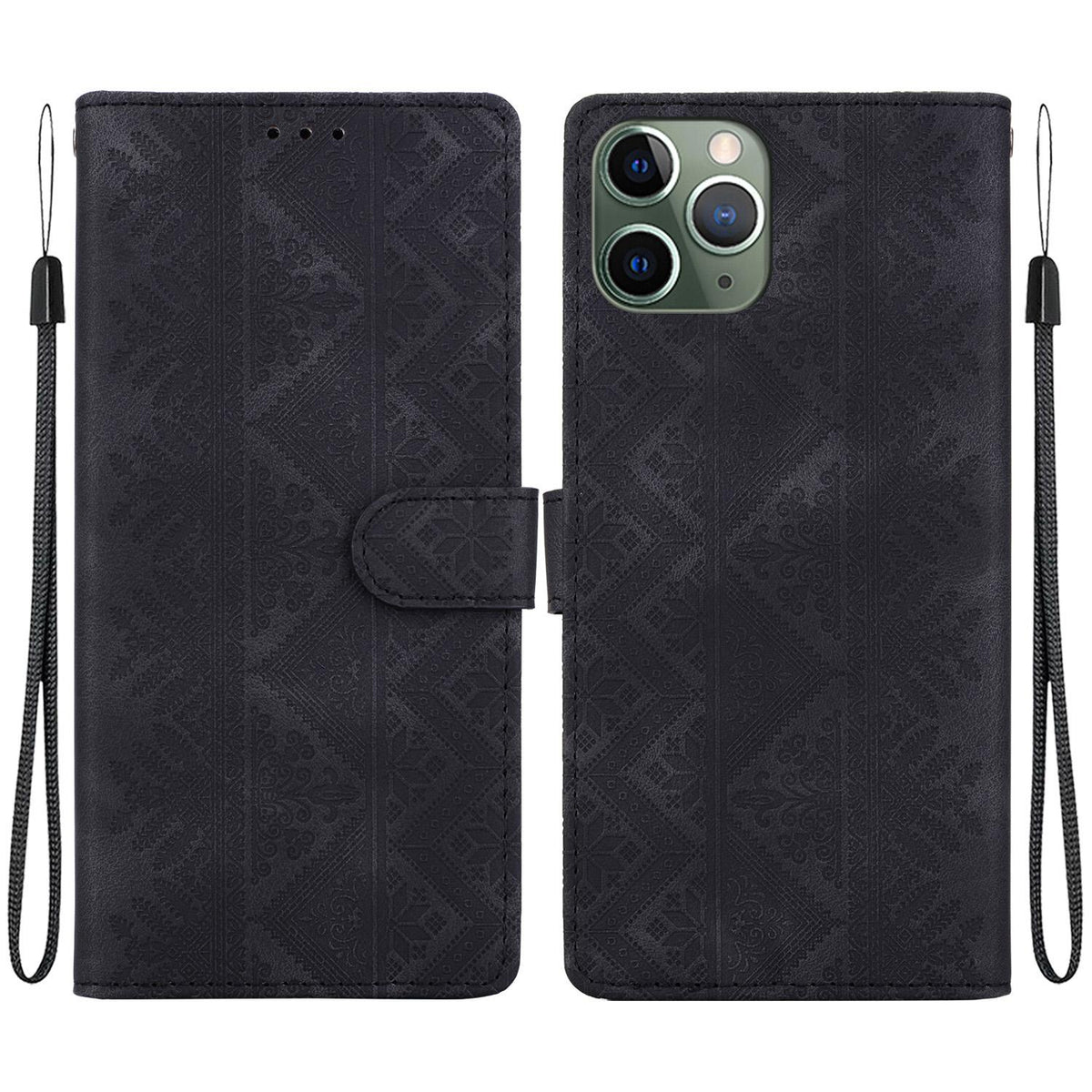 For iPhone 11 Pro Ethnic Pattern Embossed Vegan Leather Phone Case - Black - EDA009979026F