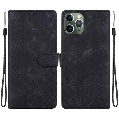 For iPhone 11 Pro Ethnic Pattern Embossed Vegan Leather Phone Case - Black - EDA009979026F