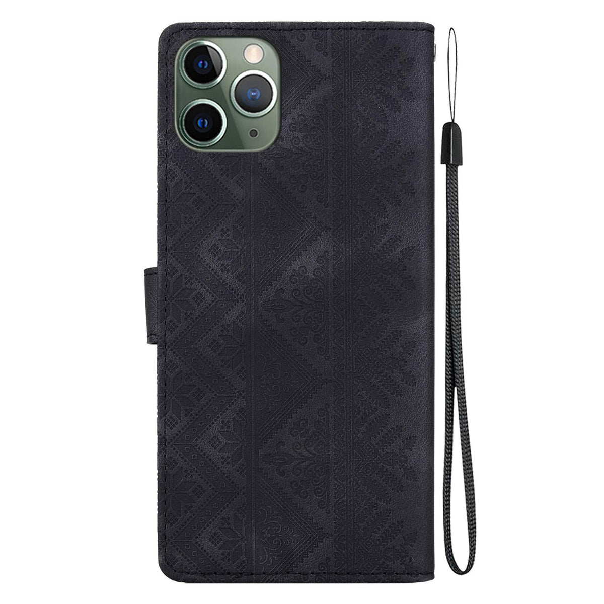 For iPhone 11 Pro Ethnic Pattern Embossed Vegan Leather Phone Case - Black - EDA009979026F