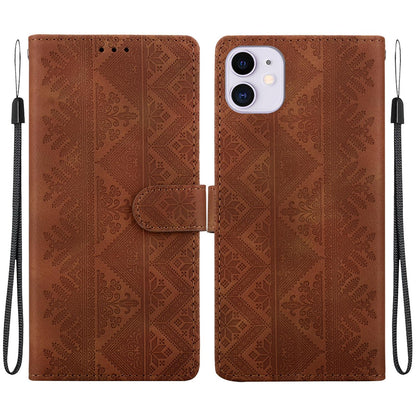 For iPhone 11 Ethnic Pattern Embossed Vegan Leather Phone Case - Brown - EDA009979027A