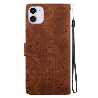 For iPhone 11 Ethnic Pattern Embossed Vegan Leather Phone Case - Brown - EDA009979027A