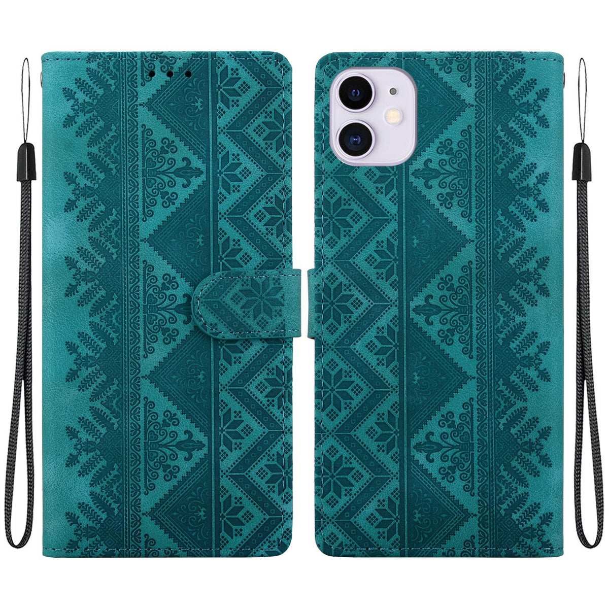 For iPhone 11 Ethnic Pattern Embossed Vegan Leather Phone Case - Green - EDA009979027B