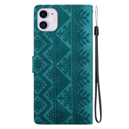 For iPhone 11 Ethnic Pattern Embossed Vegan Leather Phone Case - Green - EDA009979027B