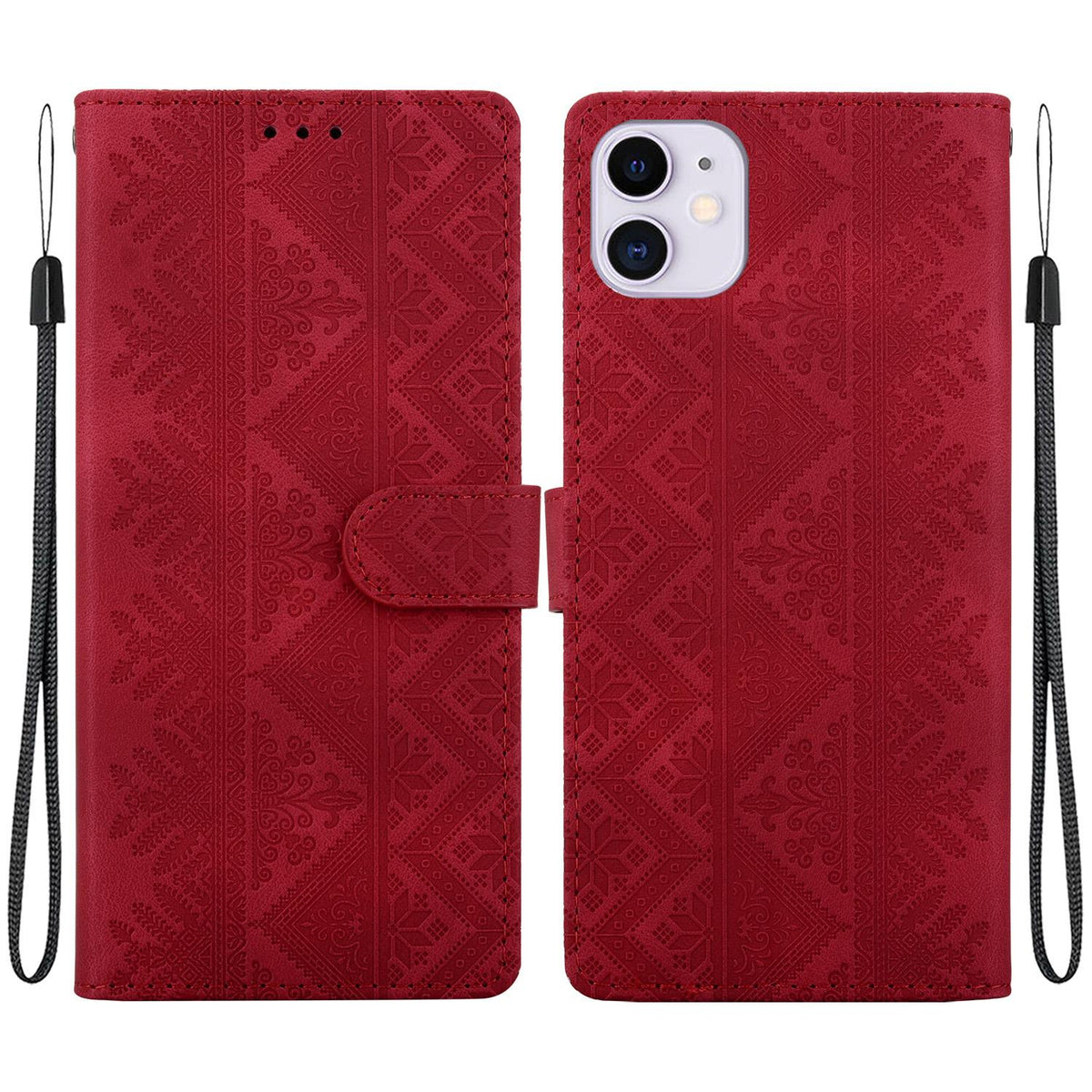 For iPhone 11 Ethnic Pattern Embossed Vegan Leather Phone Case - Red - EDA009979027C