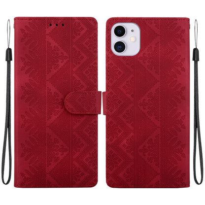 For iPhone 11 Ethnic Pattern Embossed Vegan Leather Phone Case - Red - EDA009979027C