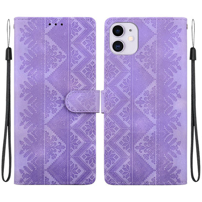 For iPhone 11 Ethnic Pattern Embossed Vegan Leather Phone Case - Purple - EDA009979027D
