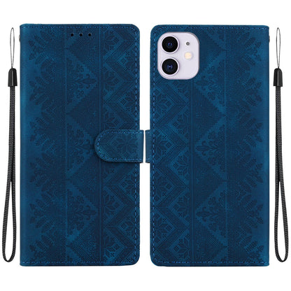 For iPhone 11 Ethnic Pattern Embossed Vegan Leather Phone Case - Dark Blue - EDA009979027E