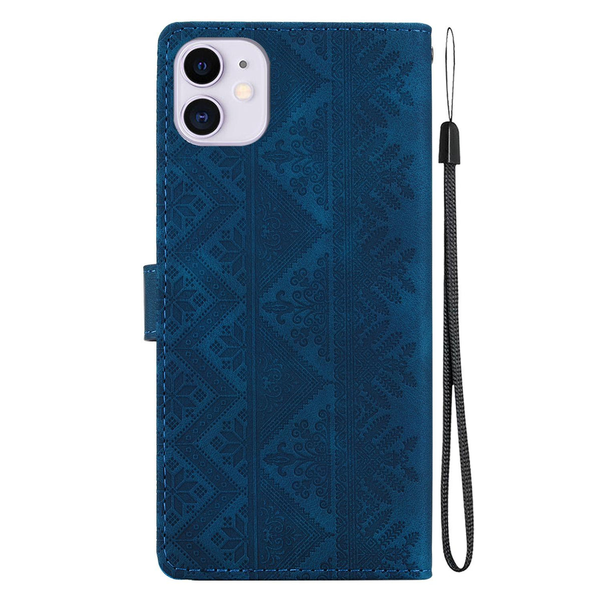 For iPhone 11 Ethnic Pattern Embossed Vegan Leather Phone Case - Dark Blue - EDA009979027E