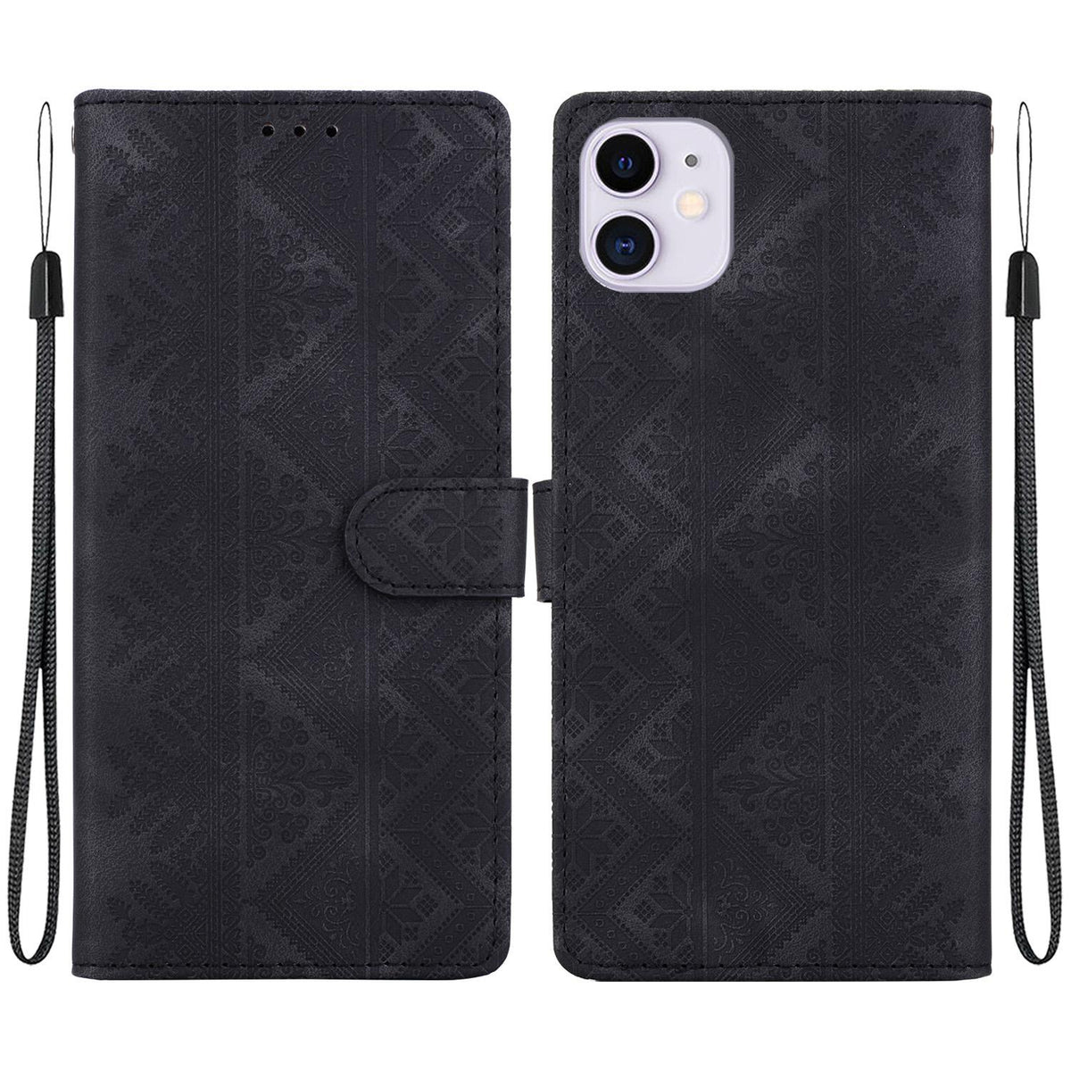 For iPhone 11 Ethnic Pattern Embossed Vegan Leather Phone Case - Black - EDA009979027F