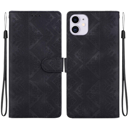 For iPhone 11 Ethnic Pattern Embossed Vegan Leather Phone Case - Black - EDA009979027F