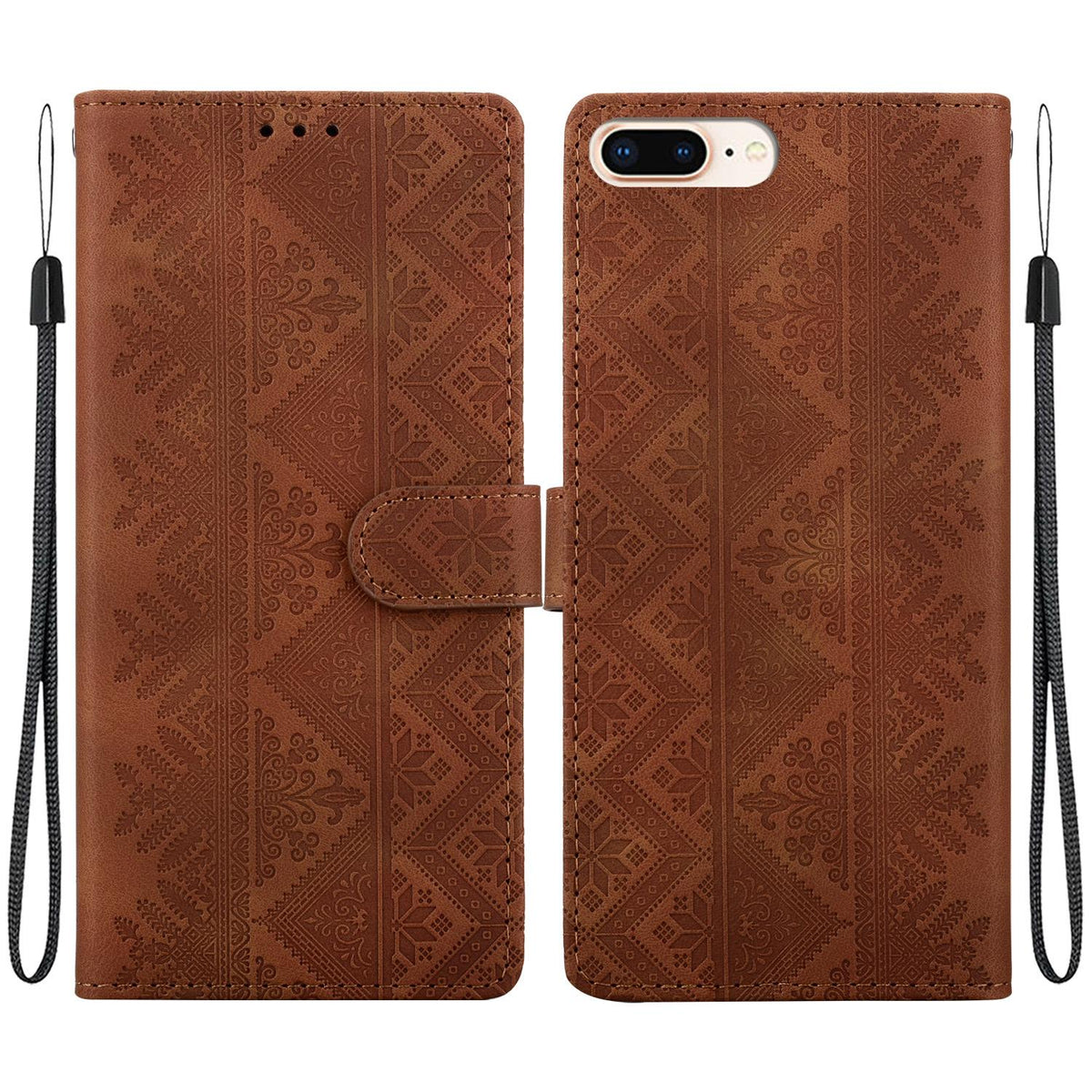 For iPhone 8 Plus / 7 Plus Ethnic Pattern Embossed Vegan Leather Phone Case - Brown - EDA009979029A