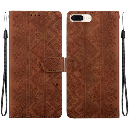For iPhone 8 Plus / 7 Plus Ethnic Pattern Embossed Vegan Leather Phone Case - Brown - EDA009979029A