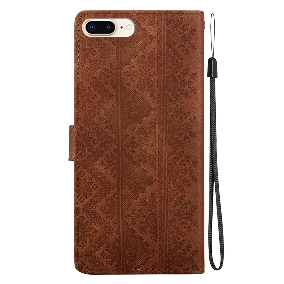 For iPhone 8 Plus / 7 Plus Ethnic Pattern Embossed Vegan Leather Phone Case - Brown - EDA009979029A