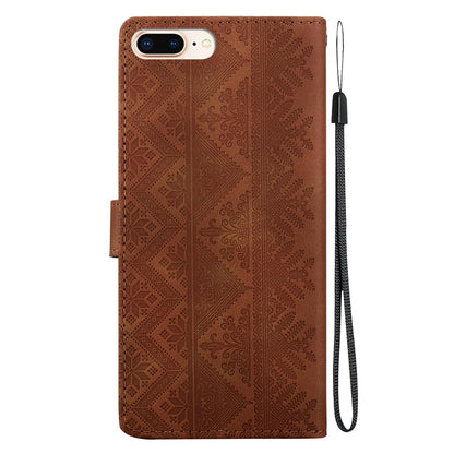 For iPhone 8 Plus / 7 Plus Ethnic Pattern Embossed Vegan Leather Phone Case - Brown - EDA009979029A
