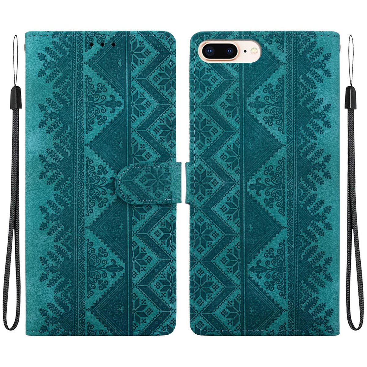 For iPhone 8 Plus / 7 Plus Ethnic Pattern Embossed Vegan Leather Phone Case - Green - EDA009979029B