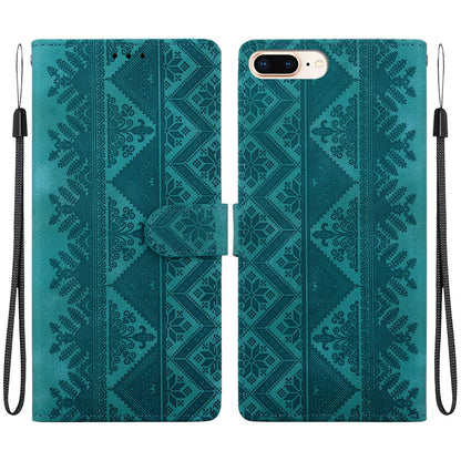 For iPhone 8 Plus / 7 Plus Ethnic Pattern Embossed Vegan Leather Phone Case - Green - EDA009979029B