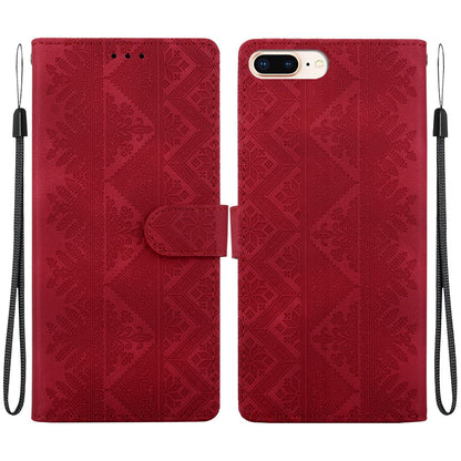 For iPhone 8 Plus / 7 Plus Ethnic Pattern Embossed Vegan Leather Phone Case - Red - EDA009979029C