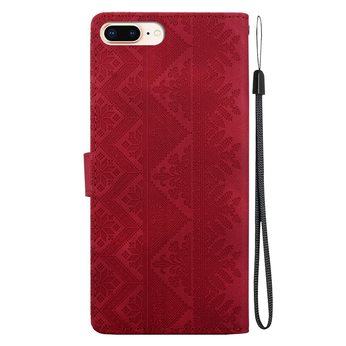 For iPhone 8 Plus / 7 Plus Ethnic Pattern Embossed Vegan Leather Phone Case - Red - EDA009979029C