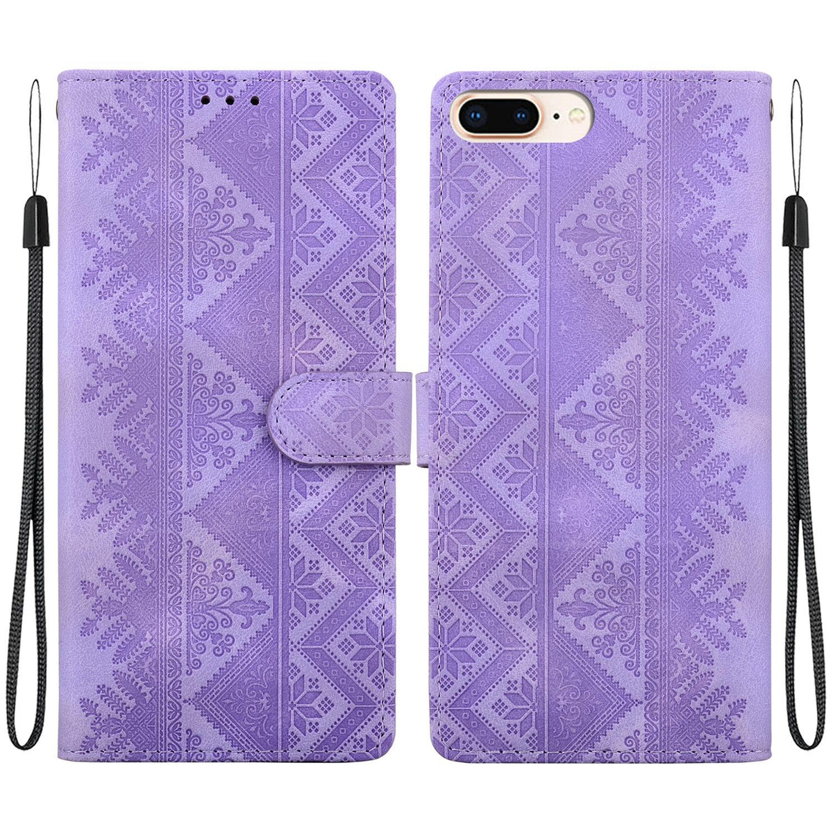 For iPhone 8 Plus / 7 Plus Ethnic Pattern Embossed Vegan Leather Phone Case - Purple - EDA009979029D