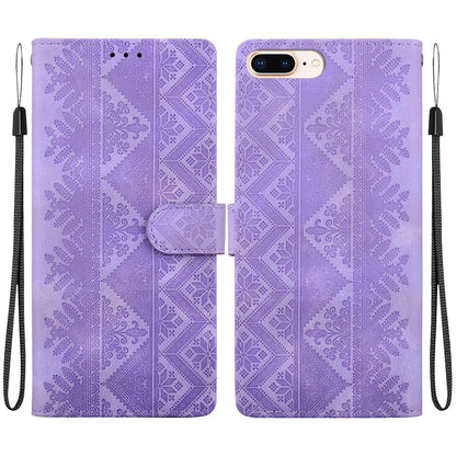 For iPhone 8 Plus / 7 Plus Ethnic Pattern Embossed Vegan Leather Phone Case - Purple - EDA009979029D